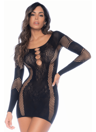 Robe manches longues en résille noire - MAL1117BLK